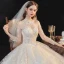 Vintage / Retro Champagne See-through Bridal Wedding Dresses 2020 Ball Gown High Neck Long Sleeve Glitter Appliques Lace Cathedral Train Ruffle