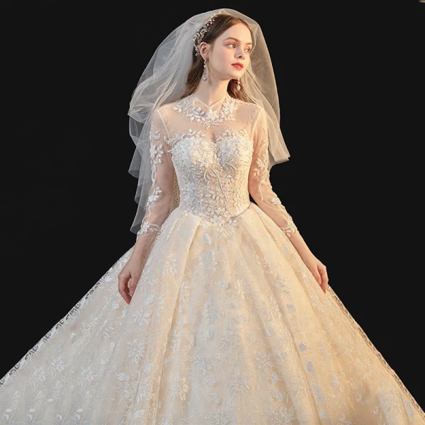 Vintage / Retro Champagne See-through Bridal Wedding Dresses 2020 Ball Gown High Neck Long Sleeve Glitter Appliques Lace Cathedral Train Ruffle