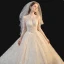 Vintage / Retro Champagne See-through Bridal Wedding Dresses 2020 Ball Gown High Neck Long Sleeve Glitter Appliques Lace Cathedral Train Ruffle