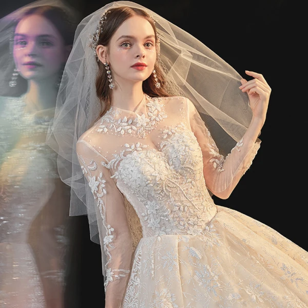 Vintage / Retro Champagne See-through Bridal Wedding Dresses 2020 Ball Gown High Neck Long Sleeve Glitter Appliques Lace Cathedral Train Ruffle