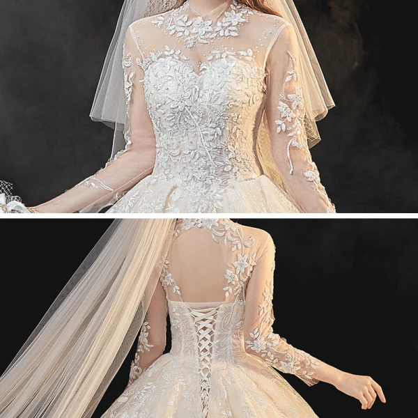Vintage / Retro Champagne See-through Bridal Wedding Dresses 2020 Ball Gown High Neck Long Sleeve Glitter Appliques Lace Cathedral Train Ruffle