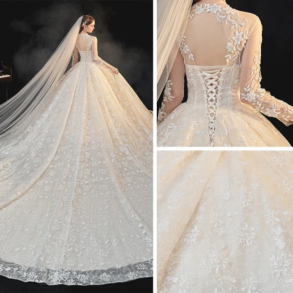 Vintage / Retro Champagne See-through Bridal Wedding Dresses 2020 Ball Gown High Neck Long Sleeve Glitter Appliques Lace Cathedral Train Ruffle