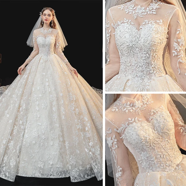 Vintage / Retro Champagne See-through Bridal Wedding Dresses 2020 Ball Gown High Neck Long Sleeve Glitter Appliques Lace Cathedral Train Ruffle