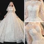 Vintage / Retro Champagne See-through Bridal Wedding Dresses 2020 Ball Gown High Neck Long Sleeve Glitter Appliques Lace Cathedral Train Ruffle