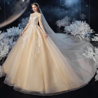 Vintage Originale Champagne Transparentes La Mariée Robe De Mariée 2020 Robe Boule Col Haut Manches Longues Dos Nu Perlage Appliques En Dentelle Glitter Tulle Cathedral Train Volants