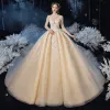 Vintage / Retro Champagne See-through Bridal Wedding Dresses 2020 Ball Gown High Neck Long Sleeve Backless Beading Appliques Lace Glitter Tulle Cathedral Train Ruffle