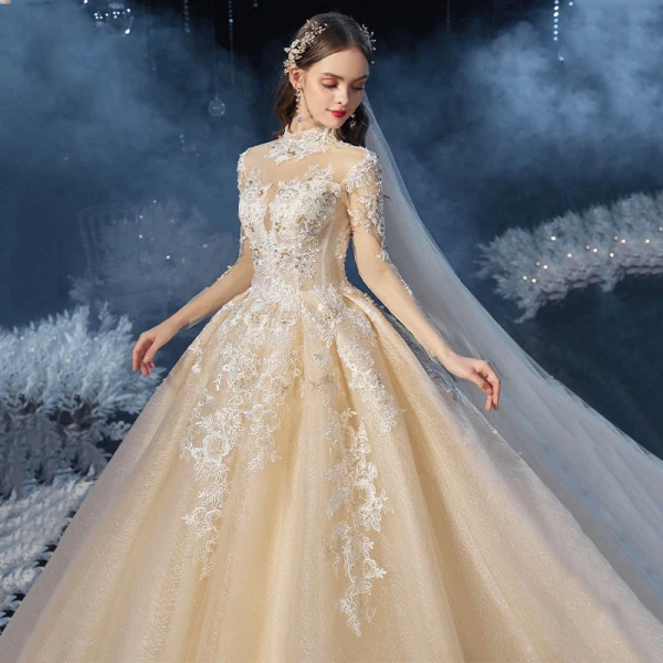 Vintage / Retro Champagne See-through Bridal Wedding Dresses 2020 Ball Gown High Neck Long Sleeve Backless Beading Appliques Lace Glitter Tulle Cathedral Train Ruffle