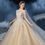 Vintage / Retro Champagne See-through Bridal Wedding Dresses 2020 Ball Gown High Neck Long Sleeve Backless Beading Appliques Lace Glitter Tulle Cathedral Train Ruffle