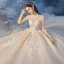 Vintage / Retro Champagne See-through Bridal Wedding Dresses 2020 Ball Gown High Neck Long Sleeve Backless Beading Appliques Lace Glitter Tulle Cathedral Train Ruffle