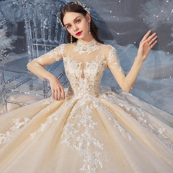Vintage / Retro Champagne See-through Bridal Wedding Dresses 2020 Ball Gown High Neck Long Sleeve Backless Beading Appliques Lace Glitter Tulle Cathedral Train Ruffle
