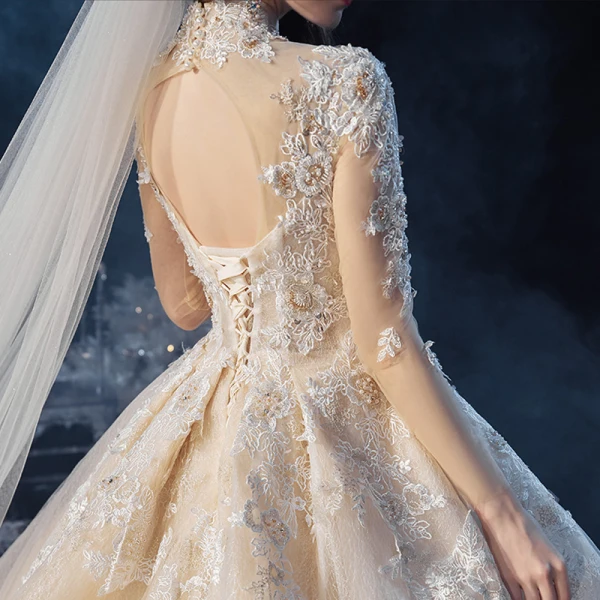 Vintage / Retro Champagne See-through Bridal Wedding Dresses 2020 Ball Gown High Neck Long Sleeve Backless Beading Appliques Lace Glitter Tulle Cathedral Train Ruffle