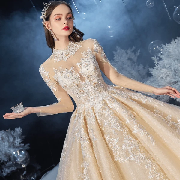 Vintage / Retro Champagne See-through Bridal Wedding Dresses 2020 Ball Gown High Neck Long Sleeve Backless Beading Appliques Lace Glitter Tulle Cathedral Train Ruffle