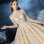 Vintage / Retro Champagne See-through Bridal Wedding Dresses 2020 Ball Gown High Neck Long Sleeve Backless Beading Appliques Lace Glitter Tulle Cathedral Train Ruffle