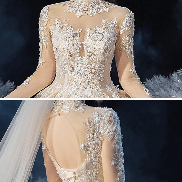Vintage / Retro Champagne See-through Bridal Wedding Dresses 2020 Ball Gown High Neck Long Sleeve Backless Beading Appliques Lace Glitter Tulle Cathedral Train Ruffle