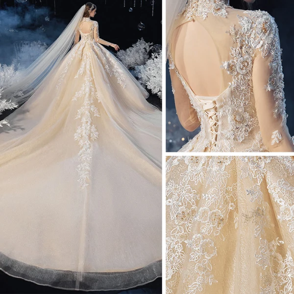 Vintage / Retro Champagne See-through Bridal Wedding Dresses 2020 Ball Gown High Neck Long Sleeve Backless Beading Appliques Lace Glitter Tulle Cathedral Train Ruffle