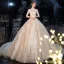 Chinesischer Stil Champagner Durchsichtige Hochzeits Brautkleider / Hochzeitskleider 2020 Ballkleid Stehkragen 3/4 Ärmel Rückenfreies Applikationen Spitze Pailletten Königliche Schleppe Rüschen