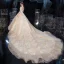 Chinesischer Stil Champagner Durchsichtige Hochzeits Brautkleider / Hochzeitskleider 2020 Ballkleid Stehkragen 3/4 Ärmel Rückenfreies Applikationen Spitze Pailletten Königliche Schleppe Rüschen