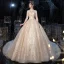 Chinesischer Stil Champagner Durchsichtige Hochzeits Brautkleider / Hochzeitskleider 2020 Ballkleid Stehkragen 3/4 Ärmel Rückenfreies Applikationen Spitze Pailletten Königliche Schleppe Rüschen