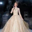 Chinesischer Stil Champagner Durchsichtige Hochzeits Brautkleider / Hochzeitskleider 2020 Ballkleid Stehkragen 3/4 Ärmel Rückenfreies Applikationen Spitze Pailletten Königliche Schleppe Rüschen