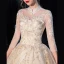 Chinesischer Stil Champagner Durchsichtige Hochzeits Brautkleider / Hochzeitskleider 2020 Ballkleid Stehkragen 3/4 Ärmel Rückenfreies Applikationen Spitze Pailletten Königliche Schleppe Rüschen