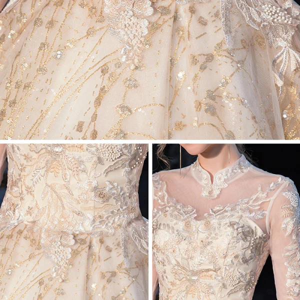 Chinesischer Stil Champagner Durchsichtige Hochzeits Brautkleider / Hochzeitskleider 2020 Ballkleid Stehkragen 3/4 Ärmel Rückenfreies Applikationen Spitze Pailletten Königliche Schleppe Rüschen