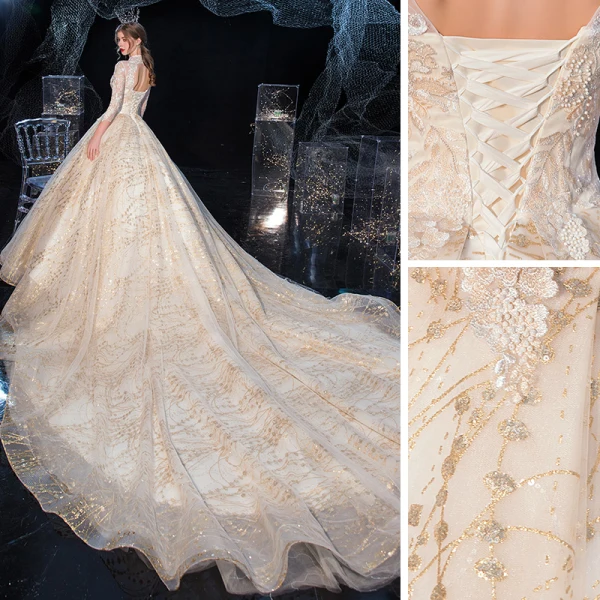 Chinesischer Stil Champagner Durchsichtige Hochzeits Brautkleider / Hochzeitskleider 2020 Ballkleid Stehkragen 3/4 Ärmel Rückenfreies Applikationen Spitze Pailletten Königliche Schleppe Rüschen
