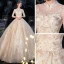 Chinesischer Stil Champagner Durchsichtige Hochzeits Brautkleider / Hochzeitskleider 2020 Ballkleid Stehkragen 3/4 Ärmel Rückenfreies Applikationen Spitze Pailletten Königliche Schleppe Rüschen
