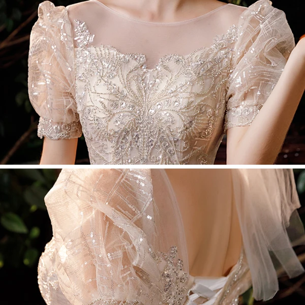 Style Victorien Champagne Jardin / Extérieur Robe De Mariée 2020 Princesse Transparentes Encolure Dégagée Gonflée Manches Courtes Dos Nu Perlage Paillettes Train De Balayage Volants