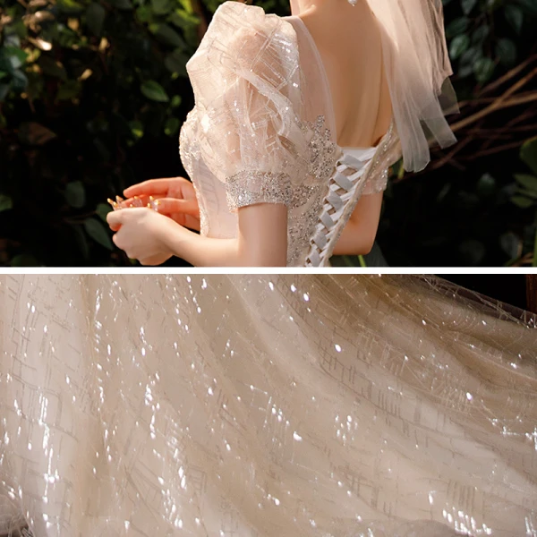 Style Victorien Champagne Jardin / Extérieur Robe De Mariée 2020 Princesse Transparentes Encolure Dégagée Gonflée Manches Courtes Dos Nu Perlage Paillettes Train De Balayage Volants