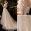 Style Victorien Champagne Jardin / Extérieur Robe De Mariée 2020 Princesse Transparentes Encolure Dégagée Gonflée Manches Courtes Dos Nu Perlage Paillettes Train De Balayage Volants