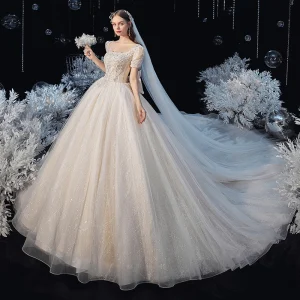 Vintage Retro Champagne Bridal Wedding Dresses 2020 Ball Gown Square Neckline Puffy Short Sleeve Backless Bow Beading Glitter Tulle Cathedral Train Ruffle