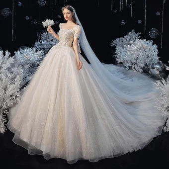 Vintage Originale Champagne La Mariée Robe De Mariée 2020 Robe Boule Encolure Carrée Gonflée Manches Courtes Dos Nu Noeud Perlage Glitter Tulle Cathedral Train Volants
