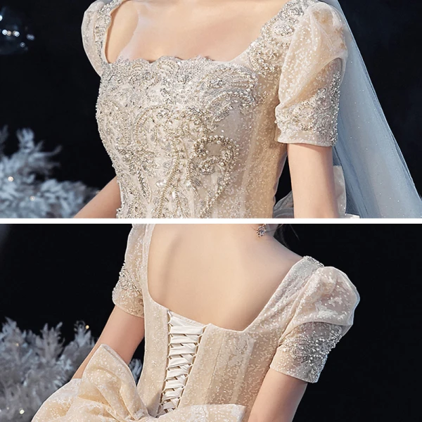 Vintage / Originale Champagne La Mariée Robe De Mariée 2020 Robe Boule Encolure Carrée Gonflée Manches Courtes Dos Nu Noeud Perlage Glitter Tulle Cathedral Train Volants