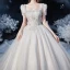 Vintage / Originale Champagne La Mariée Robe De Mariée 2020 Robe Boule Encolure Carrée Gonflée Manches Courtes Dos Nu Noeud Perlage Glitter Tulle Cathedral Train Volants