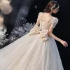 Vintage / Retro Champagne Bridal Wedding Dresses 2020 Ball Gown Square Neckline Puffy Short Sleeve Backless Bow Beading Glitter Tulle Cathedral Train Ruffle