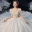 Vintage / Originale Champagne La Mariée Robe De Mariée 2020 Robe Boule Encolure Carrée Gonflée Manches Courtes Dos Nu Noeud Perlage Glitter Tulle Cathedral Train Volants