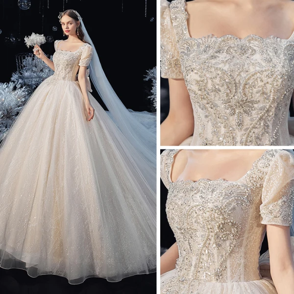 Vintage / Originale Champagne La Mariée Robe De Mariée 2020 Robe Boule Encolure Carrée Gonflée Manches Courtes Dos Nu Noeud Perlage Glitter Tulle Cathedral Train Volants