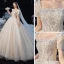 Vintage / Originale Champagne La Mariée Robe De Mariée 2020 Robe Boule Encolure Carrée Gonflée Manches Courtes Dos Nu Noeud Perlage Glitter Tulle Cathedral Train Volants