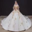Étourdissant Champagne Transparentes La Mariée Robe De Mariée 2020 Robe Boule Encolure Dégagée 3/4 Manches Dos Nu Paillettes Perlage Glitter Tulle Royal Train Volants