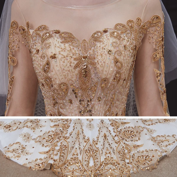 Étourdissant Champagne Transparentes La Mariée Robe De Mariée 2020 Robe Boule Encolure Dégagée 3/4 Manches Dos Nu Paillettes Perlage Glitter Tulle Royal Train Volants