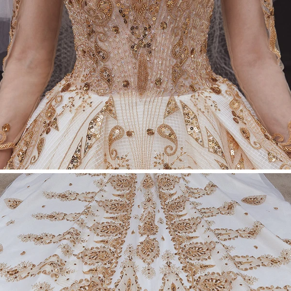 Étourdissant Champagne Transparentes La Mariée Robe De Mariée 2020 Robe Boule Encolure Dégagée 3/4 Manches Dos Nu Paillettes Perlage Glitter Tulle Royal Train Volants