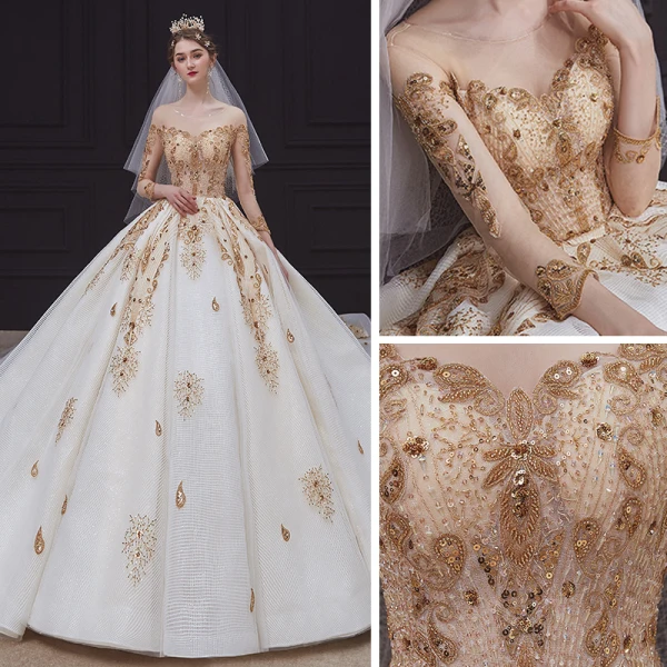 Étourdissant Champagne Transparentes La Mariée Robe De Mariée 2020 Robe Boule Encolure Dégagée 3/4 Manches Dos Nu Paillettes Perlage Glitter Tulle Royal Train Volants