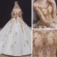 Étourdissant Champagne Transparentes La Mariée Robe De Mariée 2020 Robe Boule Encolure Dégagée 3/4 Manches Dos Nu Paillettes Perlage Glitter Tulle Royal Train Volants