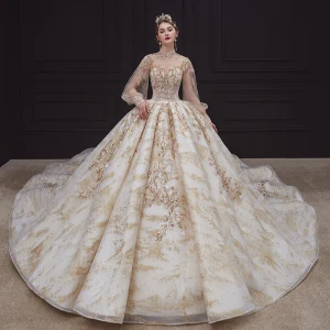 Style Victorien Champagne Transparentes La Mariée Robe De Mariée 2020 Robe Boule Col Haut Gonflée Manches Longues Dos Nu Paillettes Perlage Glitter Tulle Royal Train Volants