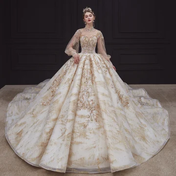 Victorian Style Champagne See Through Bridal Wedding Dresses 2020 Ball Gown High Neck Puffy Long Sleeve Backless Sequins Beading Glitter Tulle Royal Train Ruffle