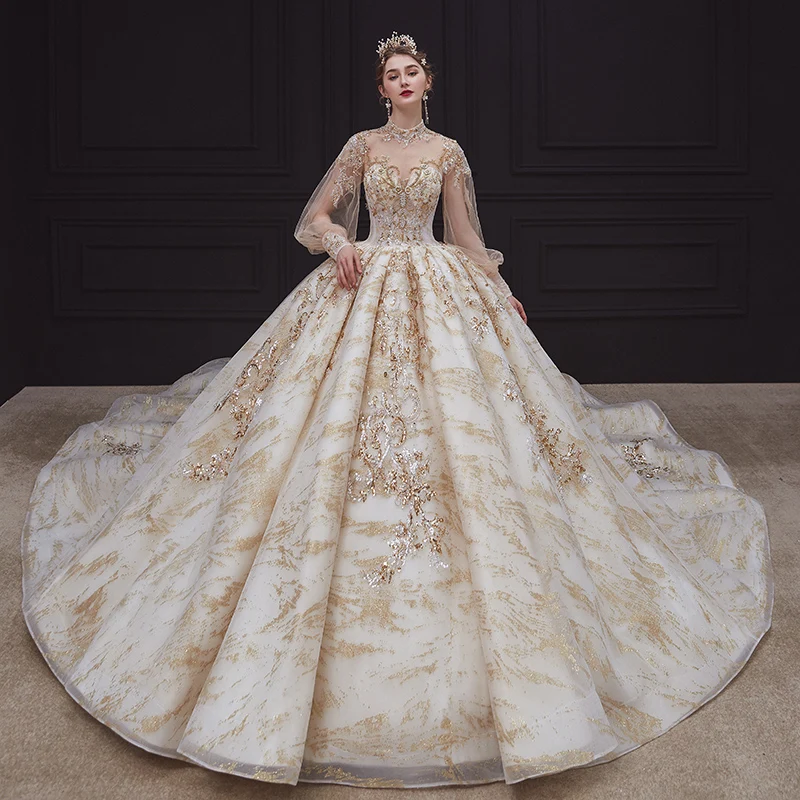 slim fit dress slacks Beautiful Long Ball Gown Sweetheart Sparkly Wedding Dress with Sleeves main image 1