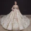 Victorian Style Champagne See-through Bridal Wedding Dresses 2020 Ball Gown High Neck Puffy Long Sleeve Backless Sequins Beading Glitter Tulle Royal Train Ruffle