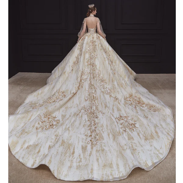 Victorian Style Champagne See-through Bridal Wedding Dresses 2020 Ball Gown High Neck Puffy Long Sleeve Backless Sequins Beading Glitter Tulle Royal Train Ruffle
