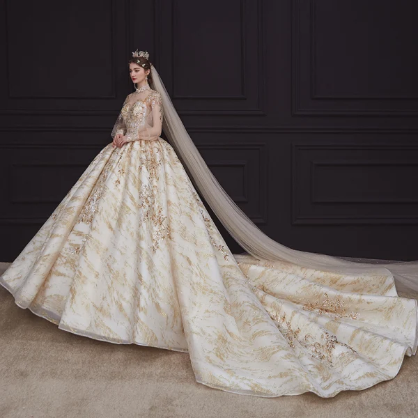 Victorian Style Champagne See-through Bridal Wedding Dresses 2020 Ball Gown High Neck Puffy Long Sleeve Backless Sequins Beading Glitter Tulle Royal Train Ruffle