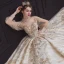 Victorian Style Champagne See-through Bridal Wedding Dresses 2020 Ball Gown High Neck Puffy Long Sleeve Backless Sequins Beading Glitter Tulle Royal Train Ruffle